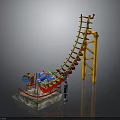 Roller Coaster Architectural Structure With Yellow Support Frame Red Track And Blue Carriage