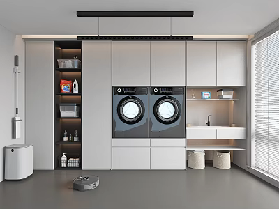 Modern Home Balcony With Double Washing Machines White Cabinets Storage Shelves And Sink Area 3d model
