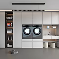 Modern Home Balcony With Double Washing Machines White Cabinets Storage Shelves And Sink Area