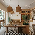Cozy Café Interior With Wicker Pendant Lights Wooden Tables Milk Tea Sign And Green Plants