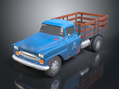 Vintage Blue Truck With Wooden Bed Classic Design Front Grille And Retro Style 3d model