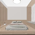 Modern Tatami Bedroom Interior Featuring Wooden Built-in Bed Window Curtains And Wall Lamps