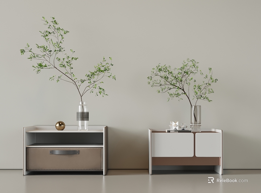 Modern Bedside Tables With White Brown Design Green Plants And Gold Decor Items 3d model 