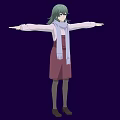 Woman in pink dress with green hair purple scarf arms outstretched against dark purple background