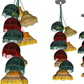 Colorful Decorative Hanging Chandeliers With Green Red Yellow Fringed Lampshades