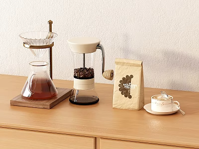 Coffee Tableware Set With Glass Dripper French Press Bean Bag And Cup On Wooden Table 3d model