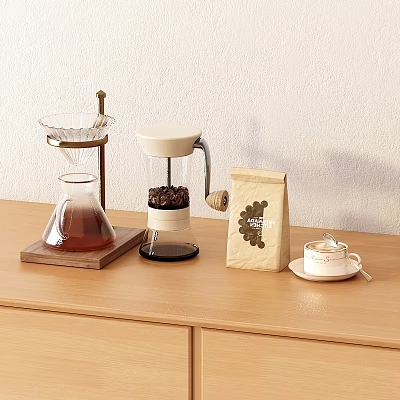 Coffee Tableware Set With Glass Dripper French Press Bean Bag And Cup On Wooden Table 3d model