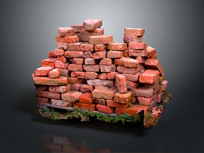 Stacked Red Brick Structure With Green Moss And Natural Textured Appearance 3d model