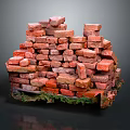 Stacked Red Brick Structure With Green Moss And Natural Textured Appearance