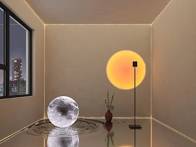 Modern Floor Lamp With Moon Projection In Living Room Featuring City Night View And Vase 3d model