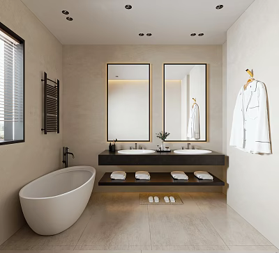 Modern Bathroom Interior With Freestanding Tub Double Vanity And Mirrors 3d model