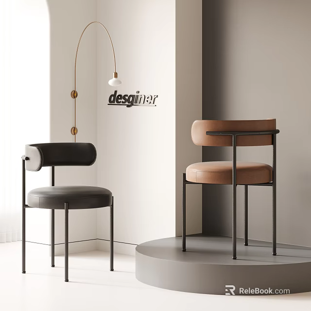 Modern Single Chairs With Black Brown Leather Upholstery And Metal Frame Curved Backrest 3d model 