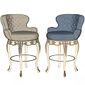 Elegant Bar Stools With Tufted Backrests Armrests Gold Carved Legs Light Brown Blue