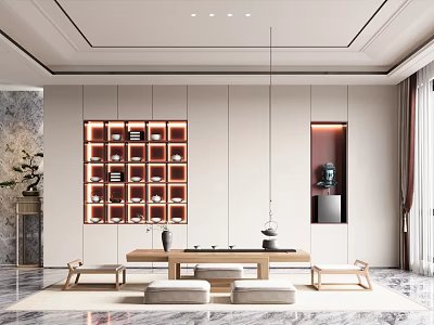 Modern Tea Room Interior Design With Wooden Grid Shelf Long Table And Green Plant 3d model
