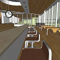 Contemporary Restaurant Interior With Wooden Decor White Counter Clock Posters And Tables