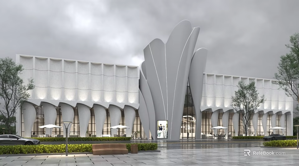 Modern White Architectural Exterior With Streamlined Design Large Glass Curtain Wall Outdoor Plaza Trees Benches 3d model 