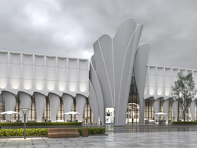 Modern White Architectural Exterior With Streamlined Design Large Glass Curtain Wall Outdoor Plaza Trees Benches 3d model