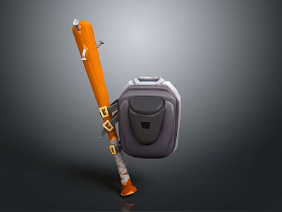 Household Cleaning Tool With Orange Long Rod And Attached Gray Storage Backpack 3d model