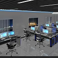 Modern Monitoring Room with Multiple Computer Screens Workstations and Blue Lighting