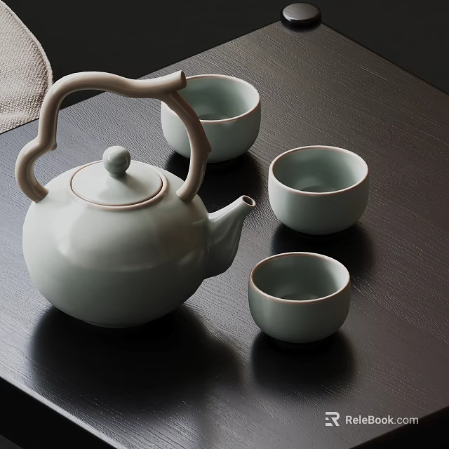 Light Green Ceramic Tea Set With Curved Handle Teapot And Matching Teacups 3d model 