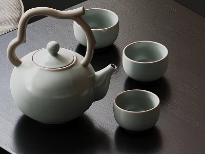 Light Green Ceramic Tea Set With Curved Handle Teapot And Matching Teacups 3d model
