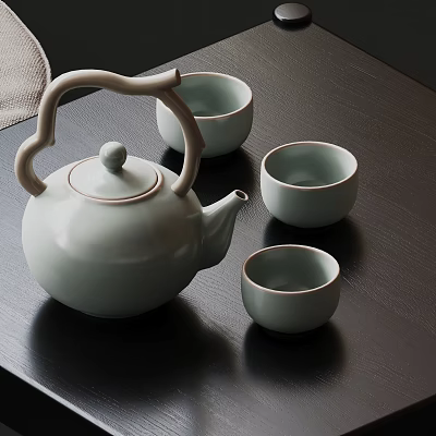 Light Green Ceramic Tea Set With Curved Handle Teapot And Matching Teacups 3d model