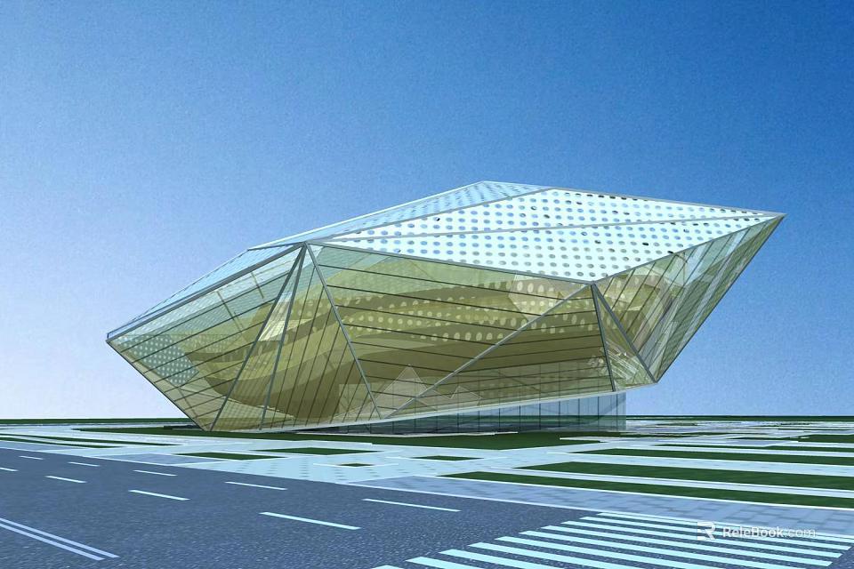 Modern Glass Facade Building With Geometric Design And Blue Sky Background 3d model 