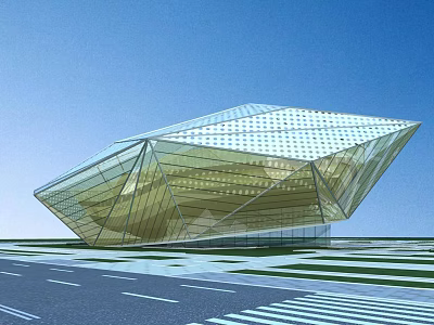 Modern Glass Facade Building With Geometric Design And Blue Sky Background 3d model