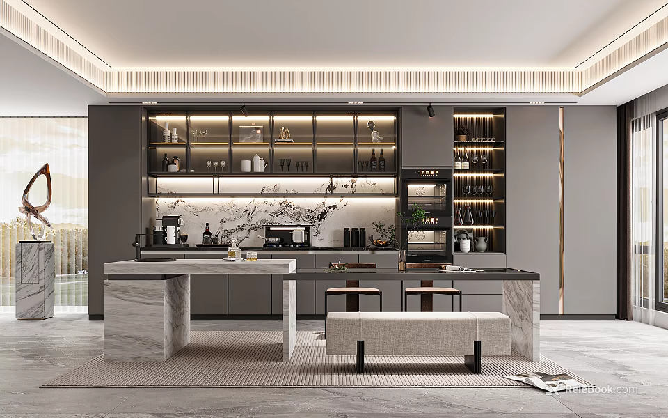 Modern Restaurant With Open Kitchen Design And Contemporary Interior Featuring Island Counter Dining Space 3d model