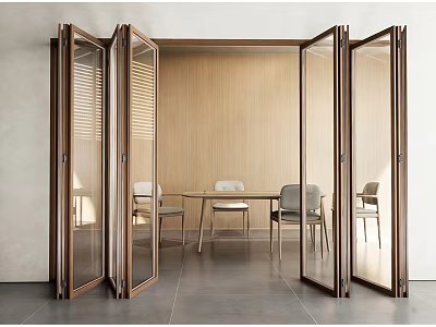 Modern Interior Design With Open Wooden Frame Glass Folding Doors Connecting Dining Area 3d model