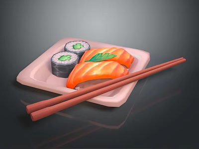 Fresh Sushi Platter With Salmon Slices Cucumber Rolls On Pink Plate And Chopsticks 3d model