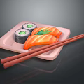 Fresh Sushi Platter With Salmon Slices Cucumber Rolls On Pink Plate And Chopsticks