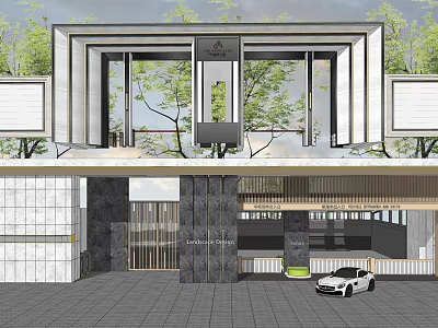 Modern Building Exterior With Glass Windows Stone Facade And Front Trees White Car 3d model