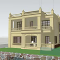 Two Story Beige Detached Villa With Balconies Railings Stone Base And Lawn
