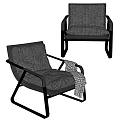 Modern Lounge Chair With Gray Textured Cushion Metal Frame And Plaid Blanket