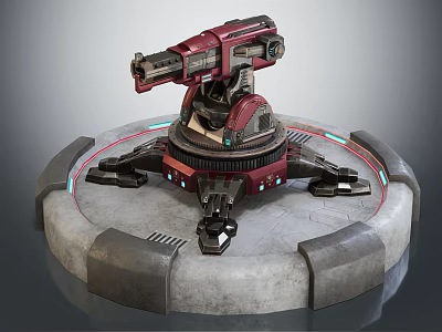 Red Mechanical Weapon Turret With Circular Base Metallic Structure And Glowing Lines 3d model