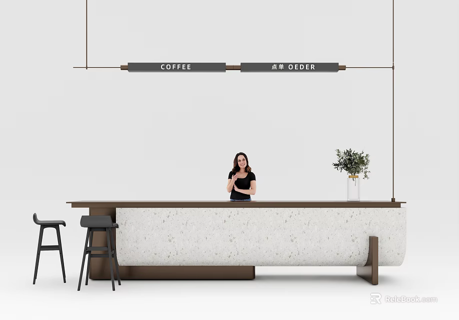 Modern Coffee Bar Counter Design With Stools Plant And Hanging Sign 3d model 