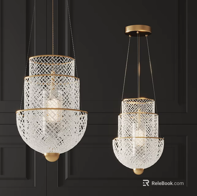Modern Multi Tiered Pendant Lights with Golden Metal Frame and White Intricate Lace Design 3d model 