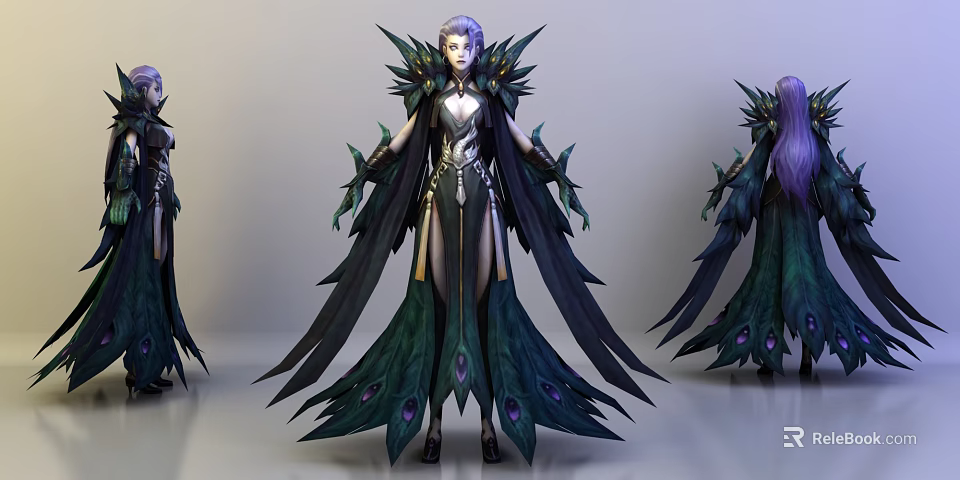 Fantasy Game Character With Purple Hair Green Black Feathered Costume And Metallic Armor 3d model 