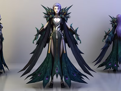 Fantasy Game Character With Purple Hair Green Black Feathered Costume And Metallic Armor 3d model