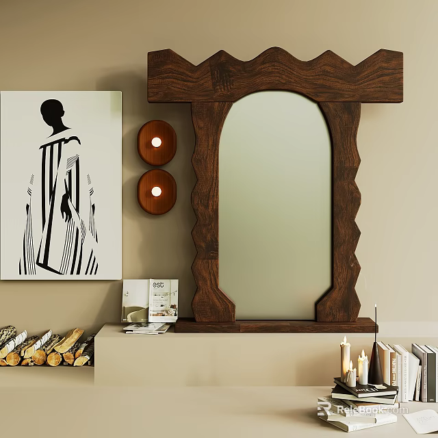 Scalloped Wooden Frame Mirror with Decorative Painting Candles and Books on Shelf 3d model 
