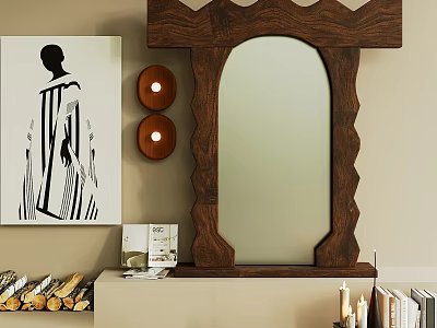 Scalloped Wooden Frame Mirror with Decorative Painting Candles and Books on Shelf 3d model