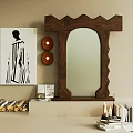 Scalloped Wooden Frame Mirror with Decorative Painting Candles and Books on Shelf