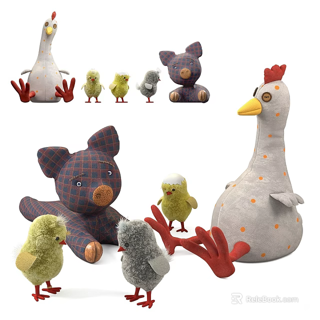 Cute Plush Stuffed Animal Toys With Chicken Bear Pig And Little Chicks Designs 3d model 