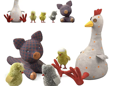 Cute Plush Stuffed Animal Toys With Chicken Bear Pig And Little Chicks Designs 3d model