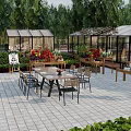 Beautiful Courtyard Garden With Organized Plant Beds Greenhouses And Outdoor Dining Spaces