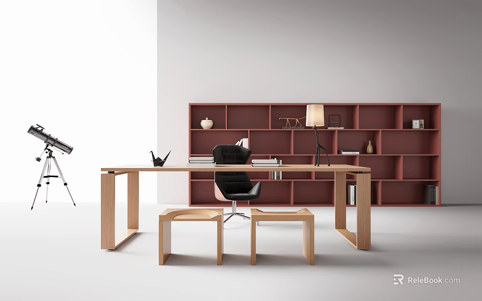 Modern Wooden Desk With Black Chair Red Bookshelf Stools Table Lamp And Decorative Items 3d model 
