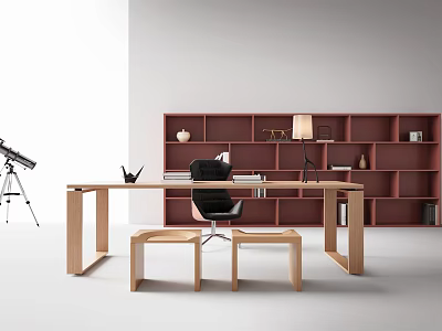 Modern Wooden Desk With Black Chair Red Bookshelf Stools Table Lamp And Decorative Items 3d model