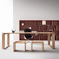 Modern Wooden Desk With Black Chair Red Bookshelf Stools Table Lamp And Decorative Items