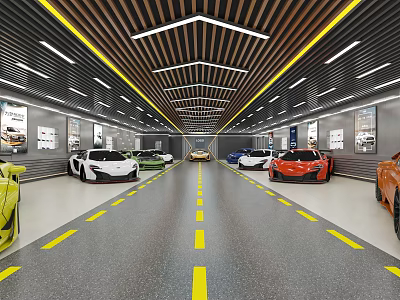 Luxury Car Showroom Featuring Modern Design With Various Sports Cars And Yellow Center Lane 3d model